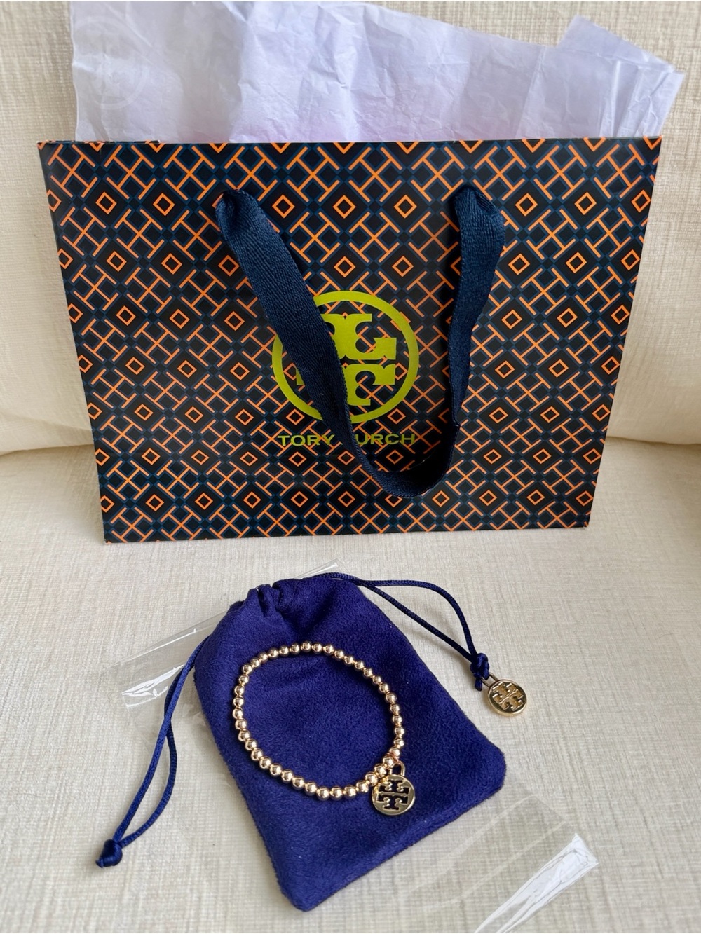 Like New Tory Burch Gold Beaded Charm Bracelet w/ Tory Burch Pouch & Gift Bag